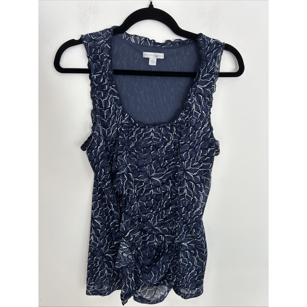 New York And Co Women's Sleeveless Blue White Ruffle Blouse Built In Liner‎